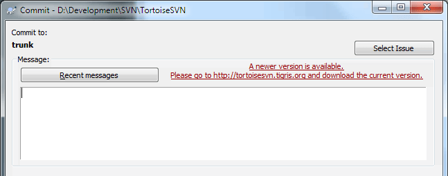 The commit dialog, showing the upgrade notification